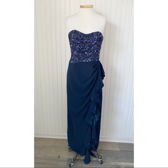 Badgley Mischka Navy Blue Strapless Sequins Ruffle Long Gown Dress Size 10 - Picture 14 of 14